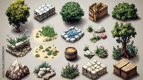 2D Isometric Sprite Assets for Game Development,  Trees, Stone Walls, Bushes, and More! photo