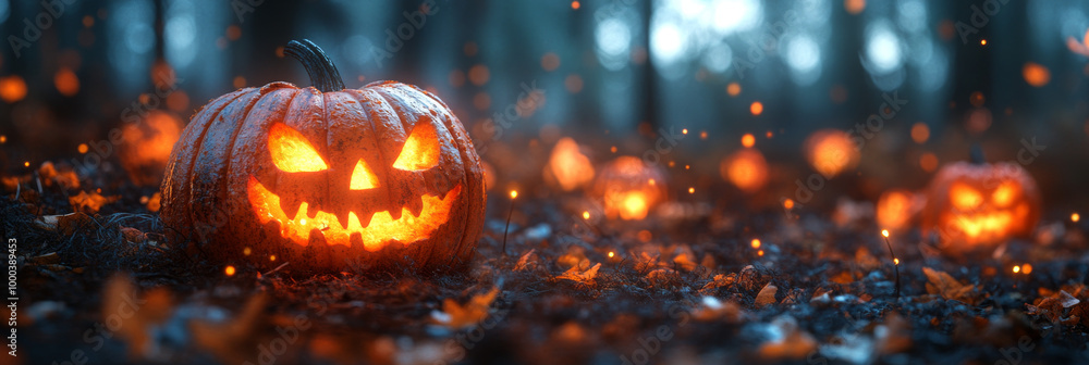 Spooky jack-o'-lanterns in a dark forest. Spooky jack-o'-lanterns in a dark forest.