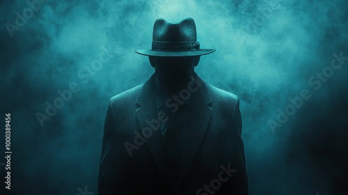 A man in a hat and coat is standing in front of a foggy background