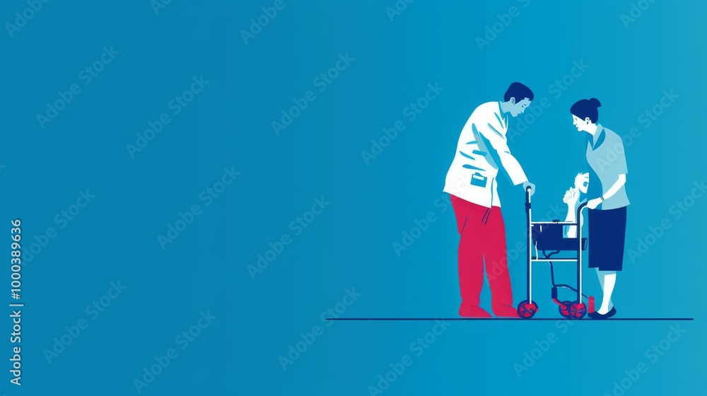 A clean and simple illustration shows medical staff helping a patient with a walker. The bold colors and minimalistic design highlight health care, support, and rehabilitation themes in a professional A clean and simple illustration shows medical staff helping a patient with a walker. The bold colors and minimalistic design highlight health care, support, and rehabilitation themes in a professional