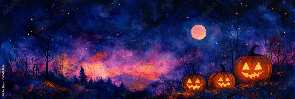 Jack-o'-lanterns glow in the dark forest on a moonlit Halloween night. Jack-o'-lanterns glow in the dark forest on a moonlit Halloween night.