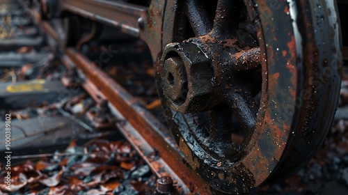 A close-up of a train wheel resting on the tracks.