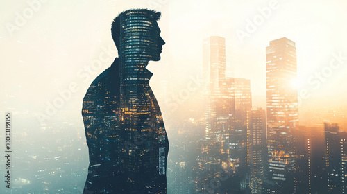 Successful businessman gazes at the city skyline at sunset, embodying ambition and future success. The image captures modern architecture, symbolizing growth and innovation