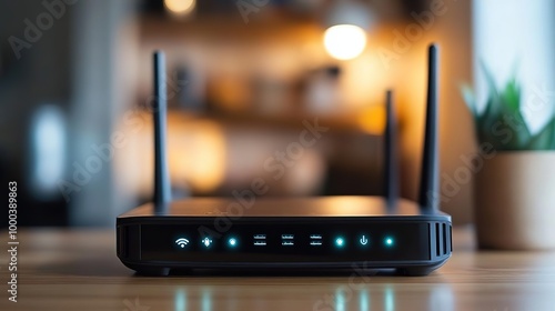 Modern Wi-Fi router with glowing indicators, placed on a wooden table against a softly lit background featuring indoor plants.