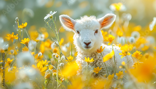 Baby lamb is sitting in a field of yellow flowers. The lamb is surrounded by other sheep, and the scene is peaceful and serene