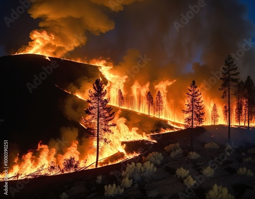 wildfire burning through forest at night photo