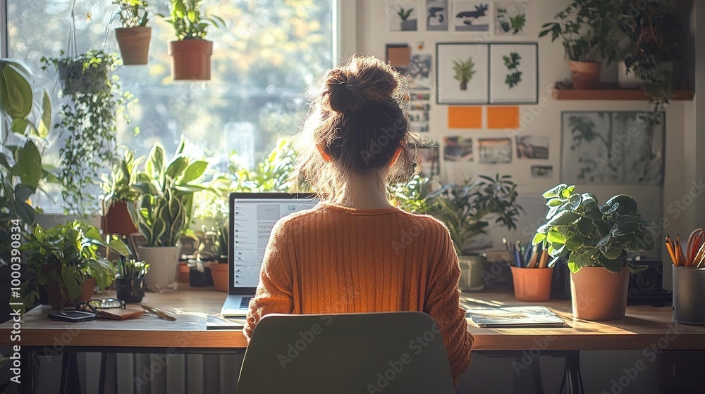 A serene workspace filled with plants, showcasing a person focused on their computer amidst nature's tranquility. A serene workspace filled with plants, showcasing a person focused on their computer amidst nature's tranquility.