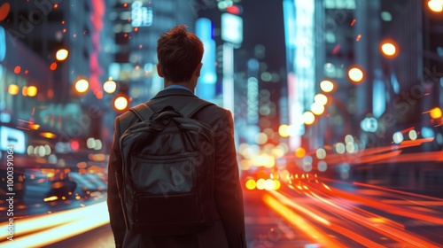 A man with a backpack stands on a vibrant city street filled with glowing lights and speeding cars. The dynamic light trails and city skyline create an energetic atmosphere of movement and urban life.