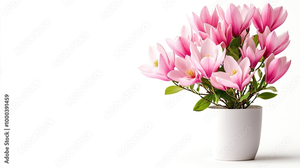 Pink magnolia flowers in a white pot on a white isolated background. Pink magnolia flowers in a white pot on a white isolated background.