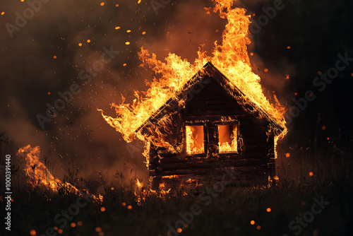 Burning house, intense flames, fiery destruction, emergency situation, home on fire, insurance claim, fire safety concept