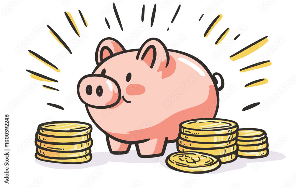A pink piggy bank surrounded by stacks of golden coins. The illustration shows lines of excitement or shine around the piggy bank