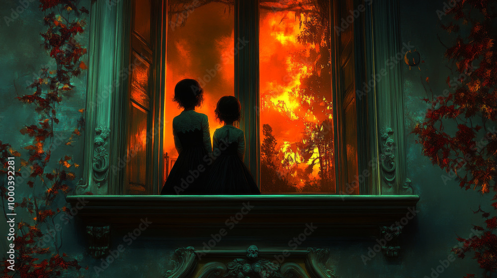 Two young girls watch a fire blaze outside their window. Two young girls watch a fire blaze outside their window.