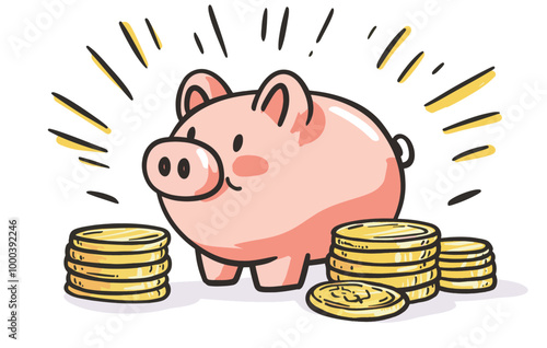 A pink piggy bank surrounded by stacks of golden coins. The illustration shows lines of excitement or shine around the piggy bank