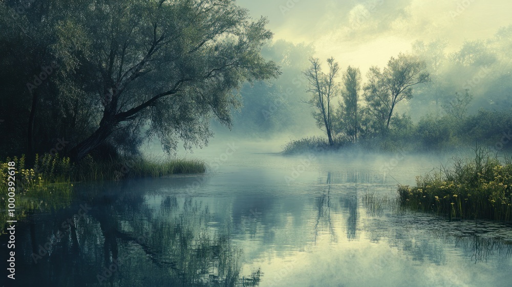 Fototapeta premium Misty Morning River Scene with Silhouetted Trees