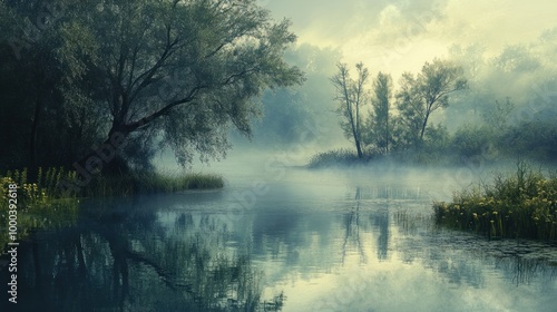 Misty Morning River Scene with Silhouetted Trees