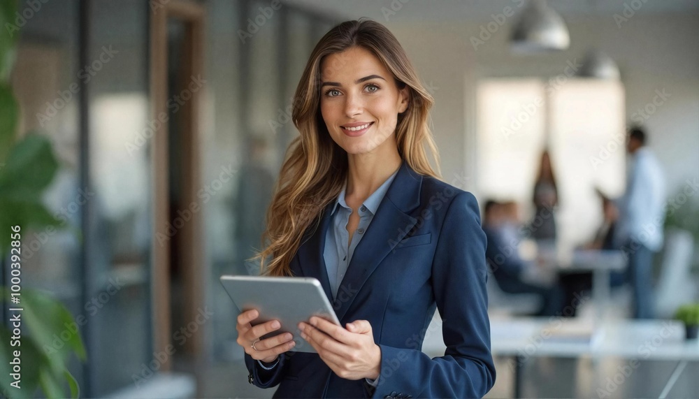 Fototapeta premium Confident businesswoman using digital tablet in modern office. Professional corporate portrait. Technology and leadership concept. Background for business presentation or advertisement