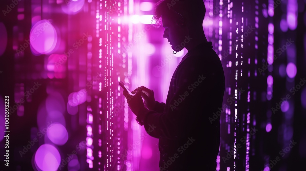 Silhouette of a man using a smartphone in a neon-lit room. Background. Silhouette of a man using a smartphone in a neon-lit room. Background.