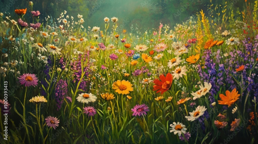 A vibrant, colorful meadow with a variety of wildflowers in full bloom. A vibrant, colorful meadow with a variety of wildflowers in full bloom.