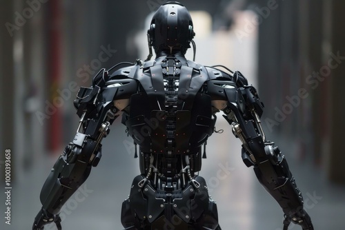 Powerful black robot is standing guard in an industrial setting, its imposing presence commanding attention