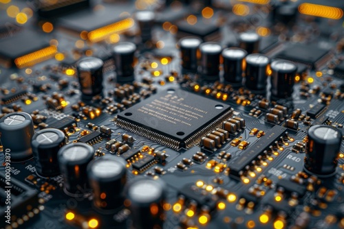 Close up of an electronic circuit board featuring radio components and a chip processor photo