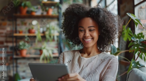 Tech-Savvy Happiness: Young Woman Enjoying Tablet PC in Loft Apartment