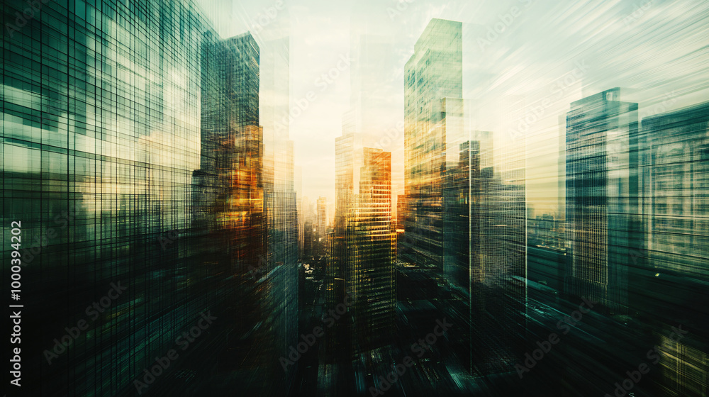 Towering skyscrapers reflect warm sunset light in a modern cityscape, blending business offices and futuristic architecture against the evening sky Towering skyscrapers reflect warm sunset light in a modern cityscape, blending business offices and futuristic architecture against the evening sky