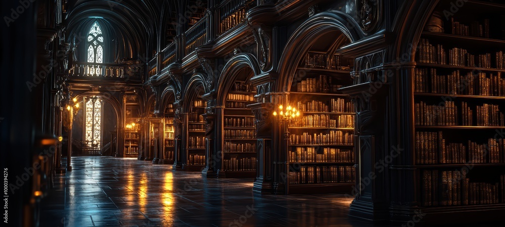 A Gothic library, with towering shelves, ornate arches, and richly detailed woodwork A Gothic library, with towering shelves, ornate arches, and richly detailed woodwork