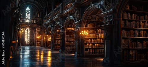 A Gothic library, with towering shelves, ornate arches, and richly detailed woodwork