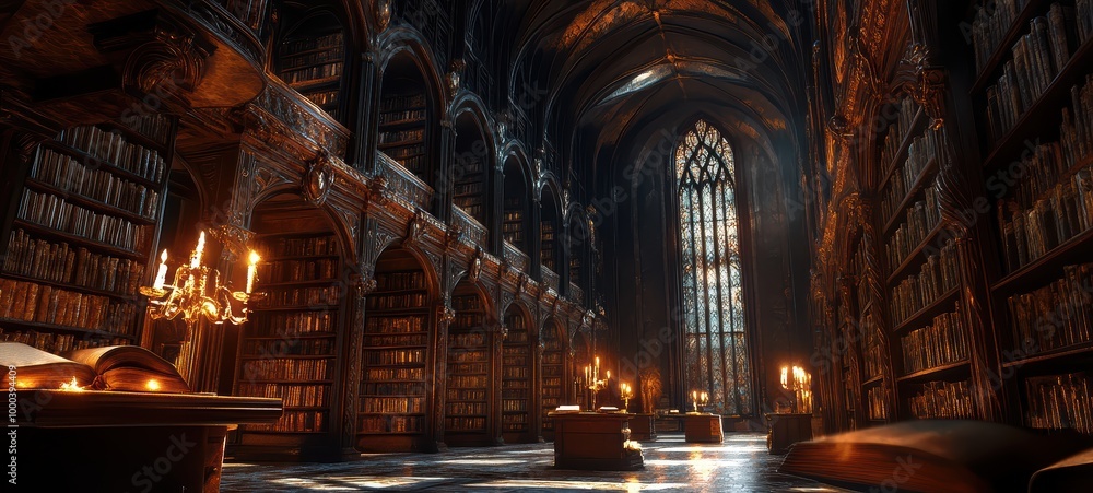 A Gothic library, with towering shelves, ornate arches, and richly detailed woodwork A Gothic library, with towering shelves, ornate arches, and richly detailed woodwork