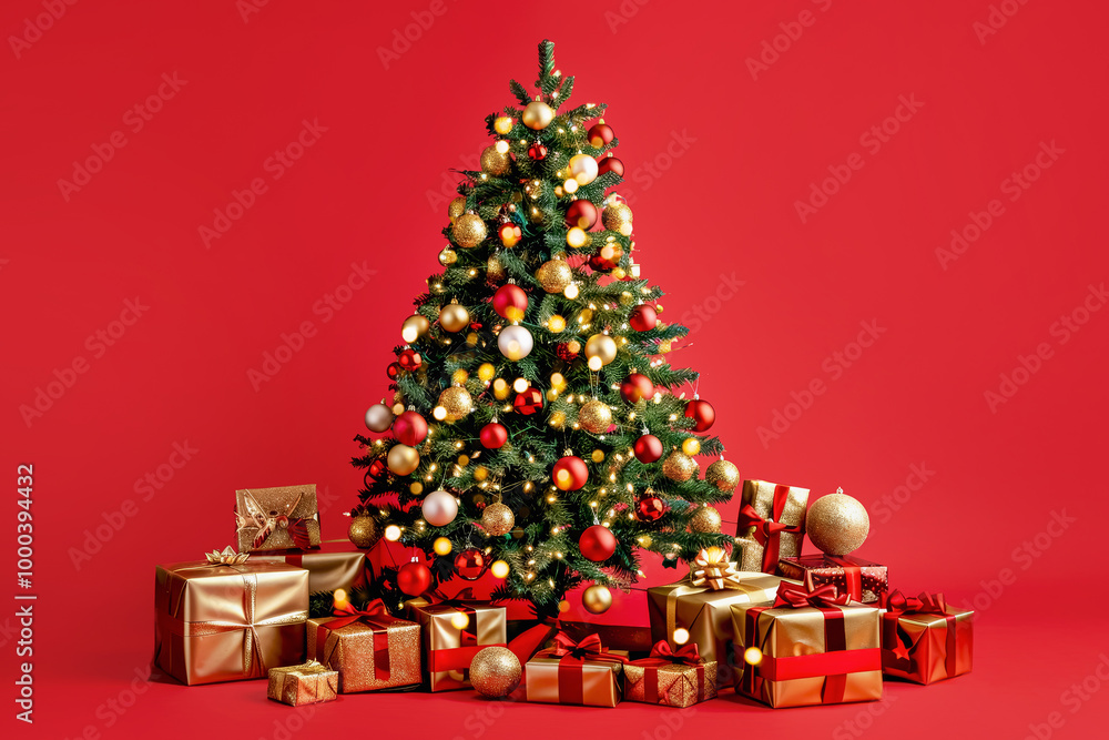 Elegant Red and Gold Christmas Tree with Gifts on Festive Red Background, Perfect Holiday Decoration Elegant Red and Gold Christmas Tree with Gifts on Festive Red Background, Perfect Holiday Decoration