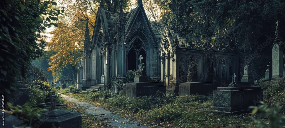 Obraz premium A Gothic mausoleum, with elaborate carvings and towering stone pillars