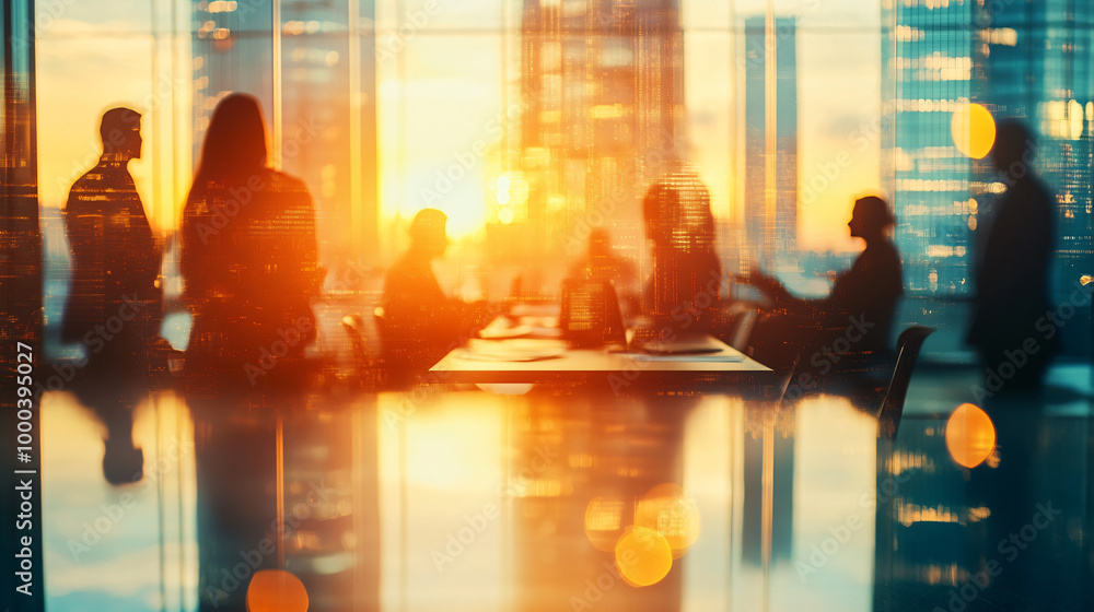 custom made wallpaper toronto digitalBusiness professionals meeting in a modern office with city skyline reflections at sunset