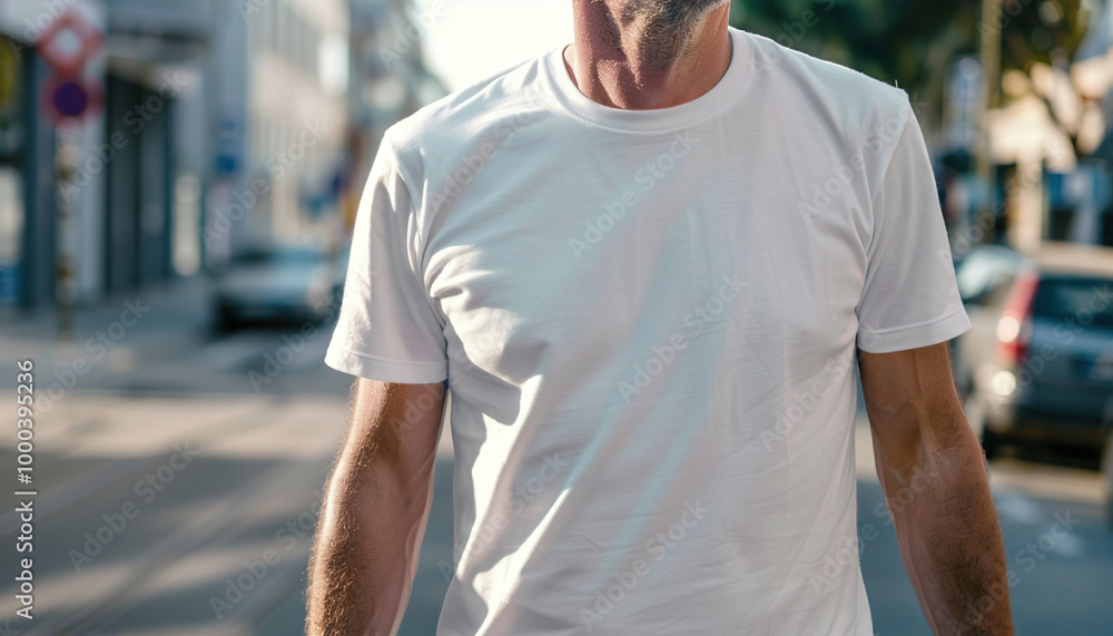 Midle aged model men shirt mockup, wearing white color t-shirt, in the middle of the street Midle aged model men shirt mockup, wearing white color t-shirt, in the middle of the street