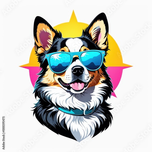 A vibrant illustration of a dog wearing sunglasses against a colorful background.