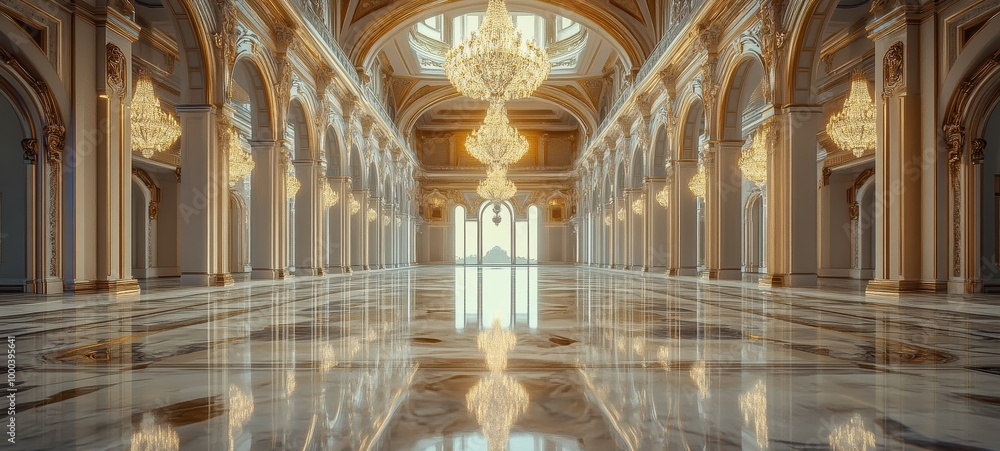 Obraz premium A grand, empty palace hall, with ornate architecture and chandeliers perfectly reflected in polished marble floors
