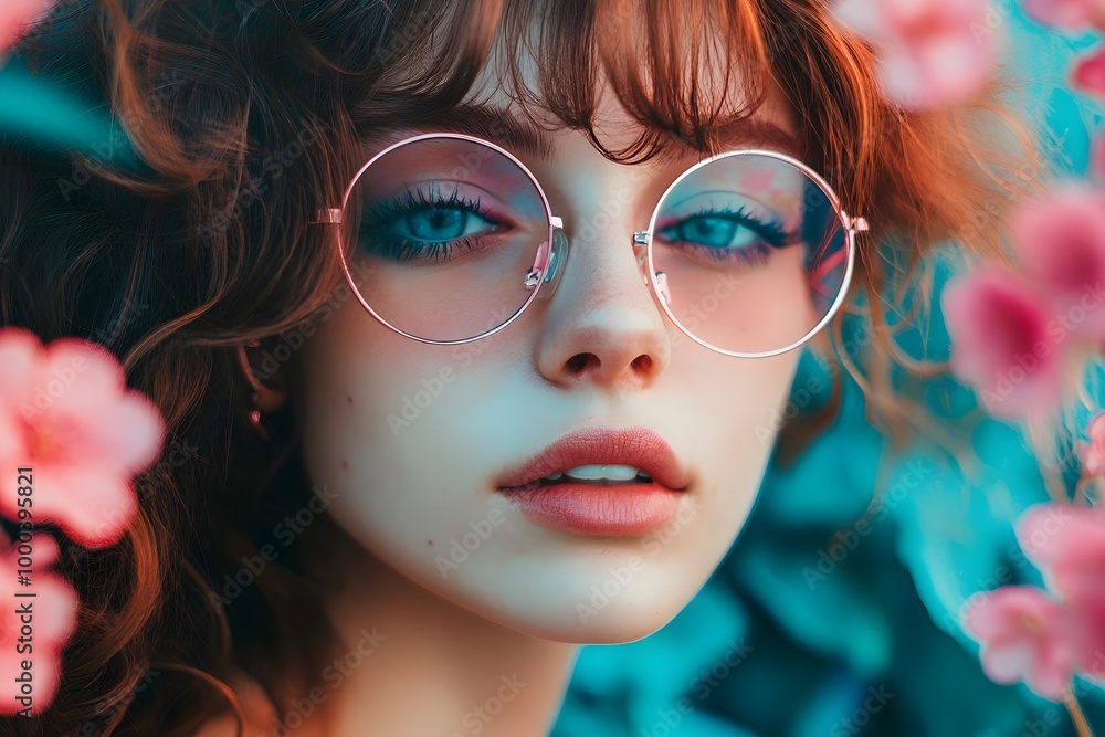 Young woman with bright glasses poses among vibrant pink flowers at sunset. Generative AI Young woman with bright glasses poses among vibrant pink flowers at sunset. Generative AI