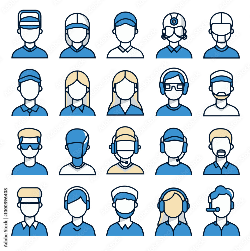 A set of different sports and professional characters depicted in a minimalist line art style with blue accents.