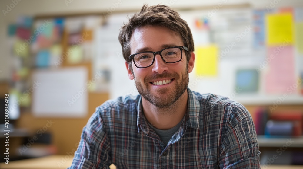 A man with glasses is smiling in front of a bulletin board. The board has a lot of notes on it. The man is happy and relaxed A man with glasses is smiling in front of a bulletin board. The board has a lot of notes on it. The man is happy and relaxed
