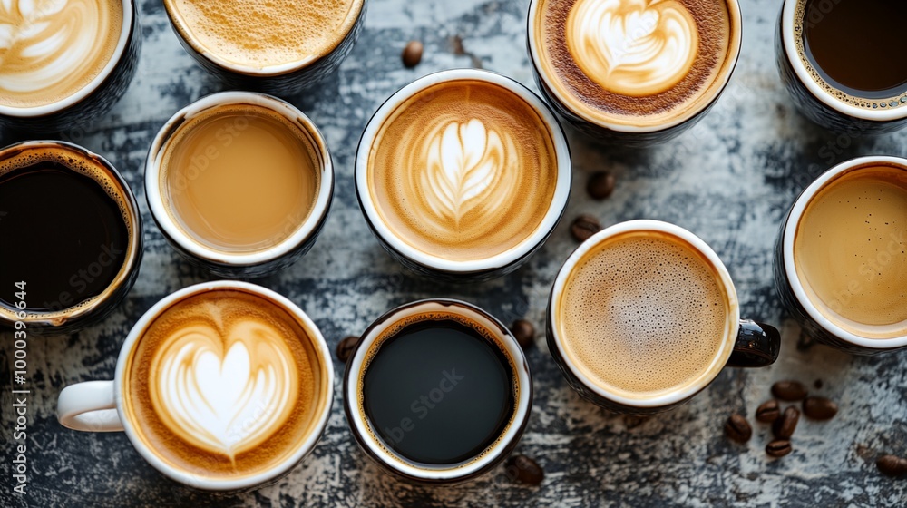 A row of coffee cups with different colors and designs A row of coffee cups with different colors and designs