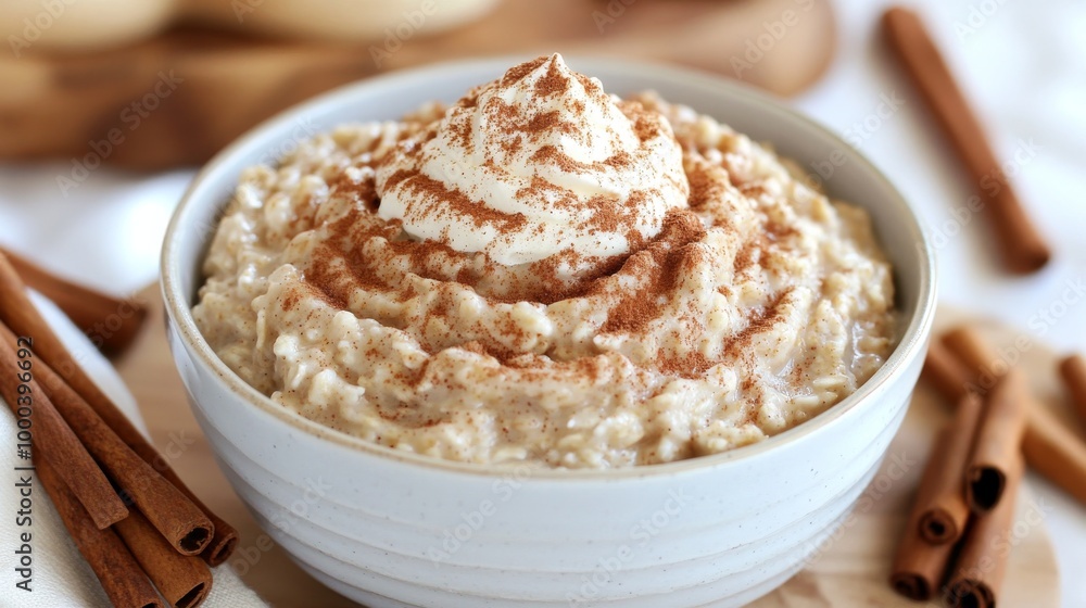 A bowl of creamy cinnamon roll oatmeal topped with sweetened cream cheese and a sprinkle of cinnamon, perfect for a sweet and comforting breakfast A bowl of creamy cinnamon roll oatmeal topped with sweetened cream cheese and a sprinkle of cinnamon, perfect for a sweet and comforting breakfast