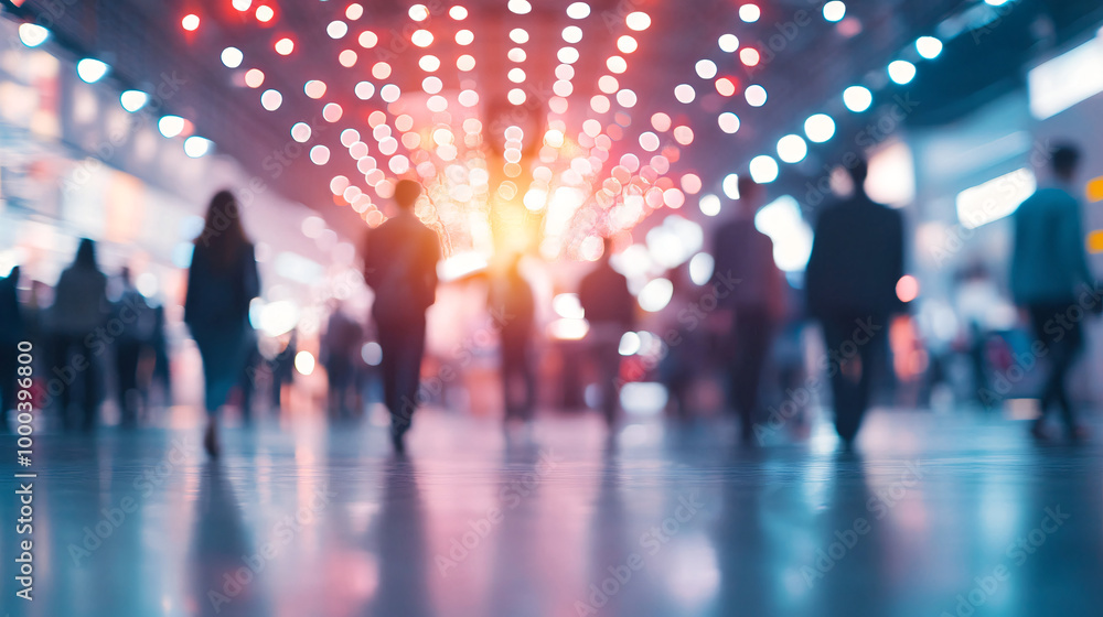 Diverse group of business people walking through a modern hall with colorful lights, reflecting the fast-paced city life Diverse group of business people walking through a modern hall with colorful lights, reflecting the fast-paced city life