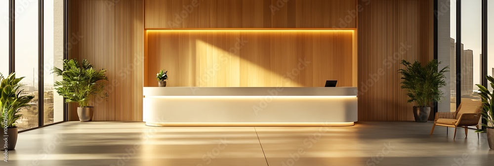 A large room with a white desk and a potted plant. The room is empty and has a modern feel A large room with a white desk and a potted plant. The room is empty and has a modern feel