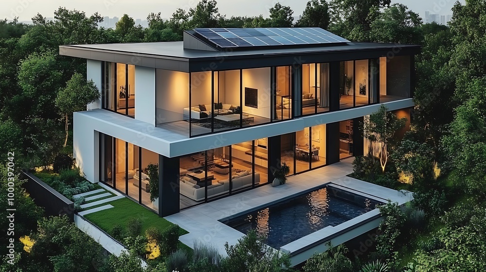 Fototapeta premium Modern two story house with a swimming pool and solar panels on the roof