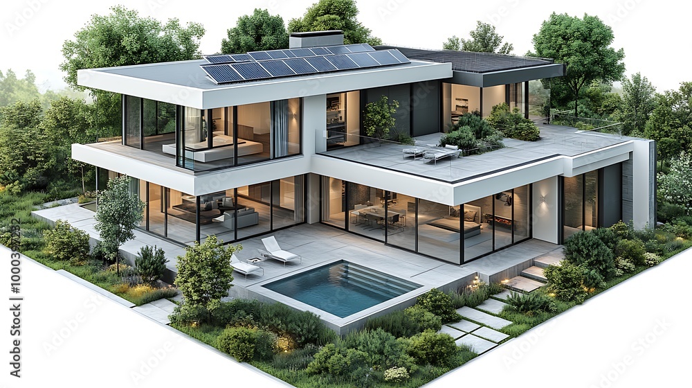 Fototapeta premium Modern 3D illustration of a luxury house with a swimming pool and solar panels