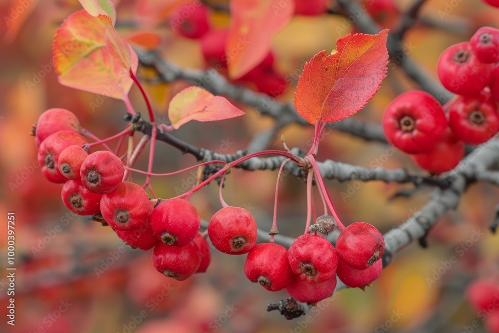 Branch with ripe red berries and colorful leaves changing color in autumn Branch with ripe red berries and colorful leaves changing color in autumn
