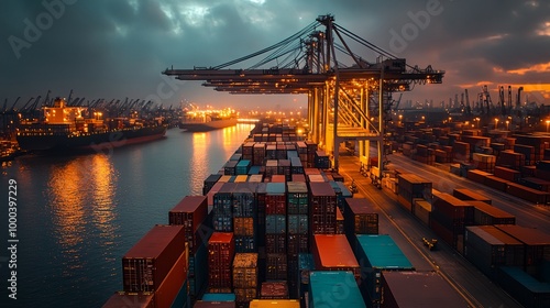 A large ship is docked at a port with many containers stacked on top of each other. The scene is lit up by the lights of the port, creating a sense of activity and movement