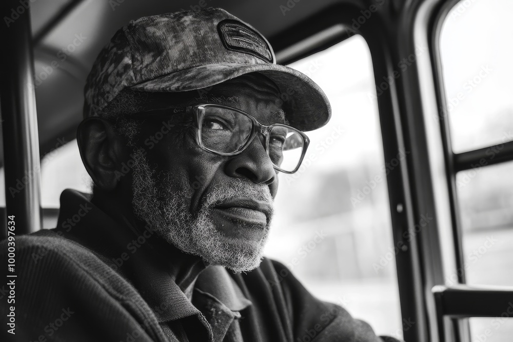 Black and white photography of an elderly Black man wearing glasses and a trucker hat, sitting in the driver's seat. Black and white photography of an elderly Black man wearing glasses and a trucker hat, sitting in the driver's seat.
