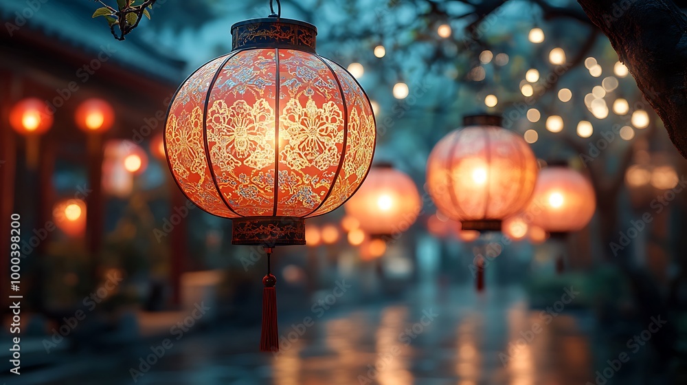 Chinese New Year lanterns hanging in a street decorated for celebration Chinese New Year lanterns hanging in a street decorated for celebration