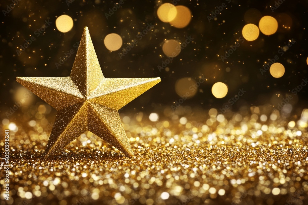 A glittery gold star ornament sparkling against a warm festive background representing Christmas decor joy and holiday cheer A glittery gold star ornament sparkling against a warm festive background representing Christmas decor joy and holiday cheer
