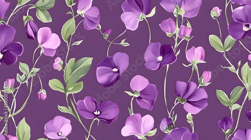 Sweet Peas Floral Vines Repeating Pattern In Purple